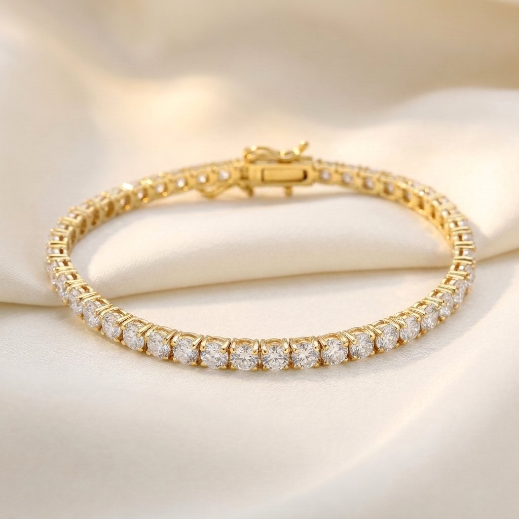 A yellow gold four prong diamond tennis bracelet